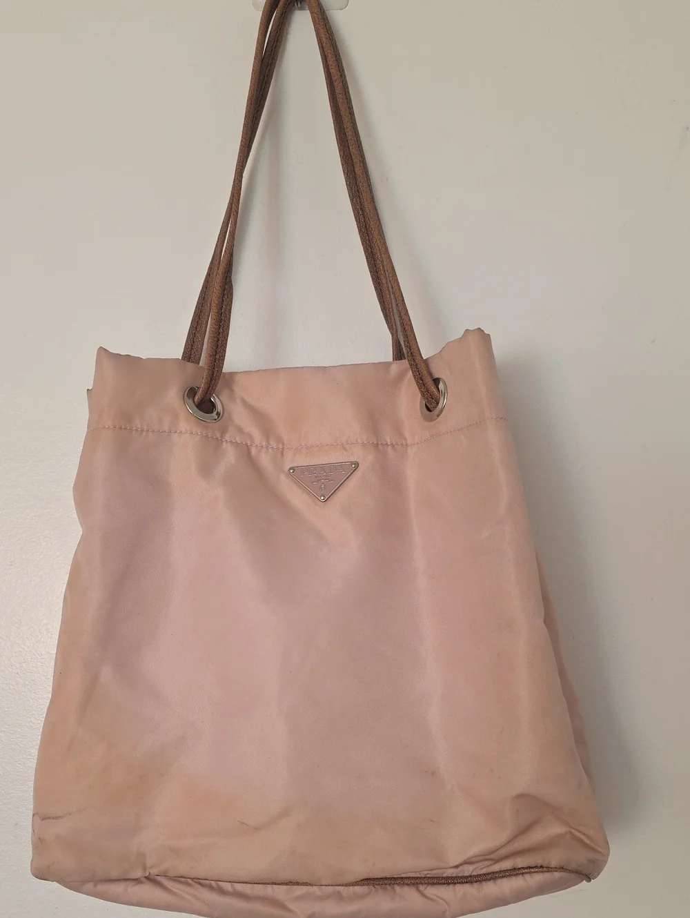 Prada Blush Nylon Tote with Brown Rope Handles
